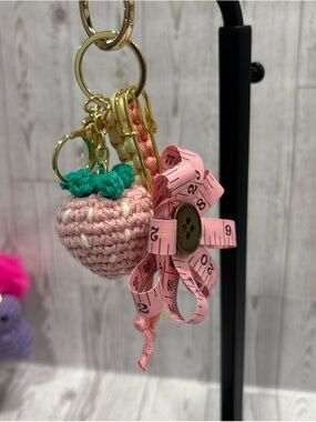 Pink Crochet Strawberry Keychain with Flower Charm